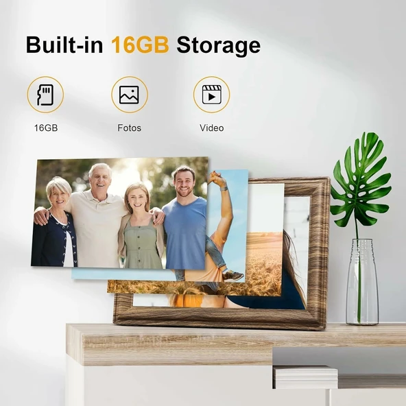 Canupdog 10.1 WiFi Dijital Resim Çerçevesi, IPS Dokunmatik Ekran, Koyu Ahşap - Resim 4