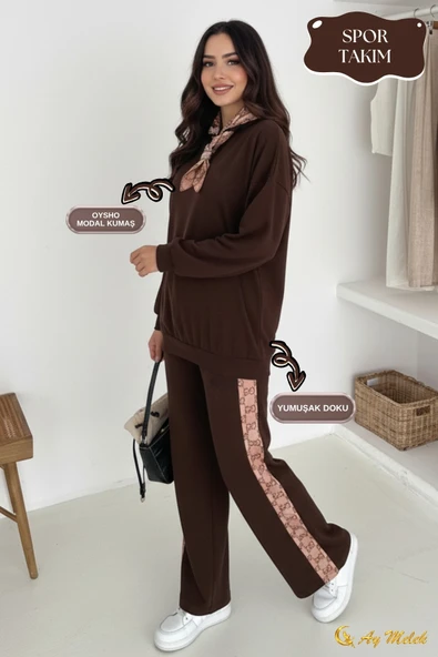 Kadın Modal Takım (HEDİYE Fular Aksesuarlı) Geniş Paça Spor Alt Üst Takım - Resim 5