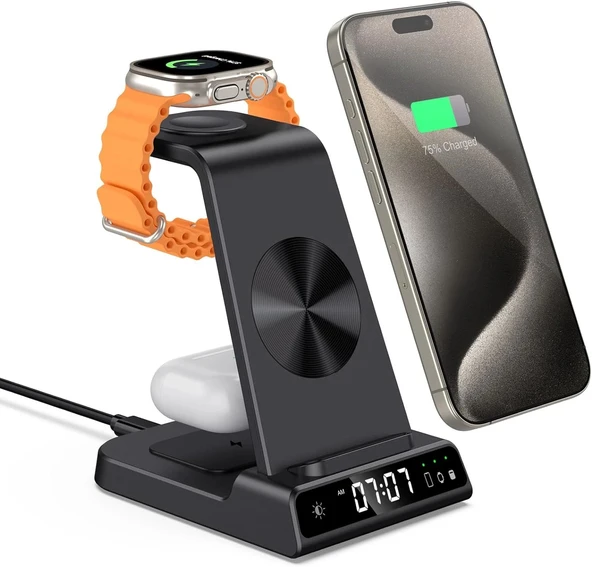 Phelinta Dijital Saatli, 4'ü 1 Arada Kablosuz Şarj İstasyonu Apple İçin - Siyah ürün görseli 1