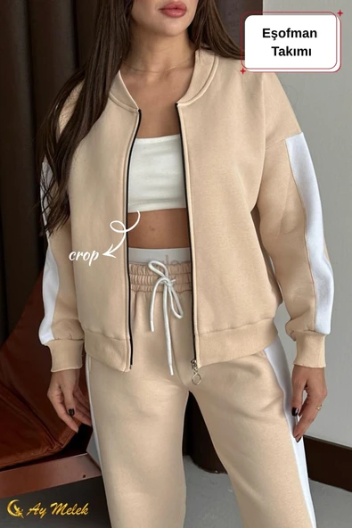 Kadın Eşofman Takımı Mevsimlik Şardonlu Kışlık Hırkalı Alt-Üst Takım (Crop Hediyeli) - Resim 12