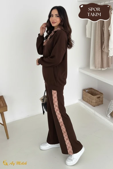Kadın Modal Takım (HEDİYE Fular Aksesuarlı) Geniş Paça Spor Alt Üst Takım - Resim 3