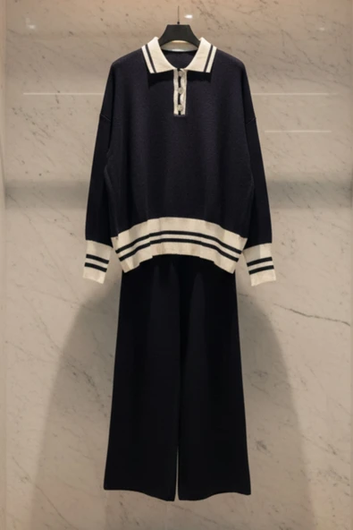 Kadın Triko Takım Şeritli Polo Yaka Düğmeli Kazak ve Pantolon Alt Üst Takım - Resim 6