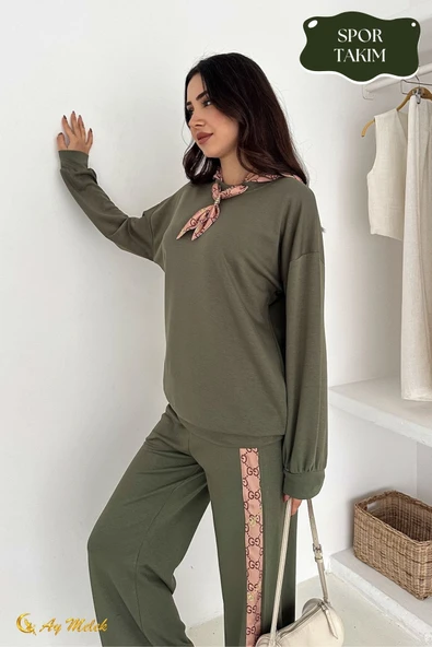 Kadın Modal Takım (HEDİYE Fular Aksesuarlı) Geniş Paça Spor Alt Üst Takım - Resim 9