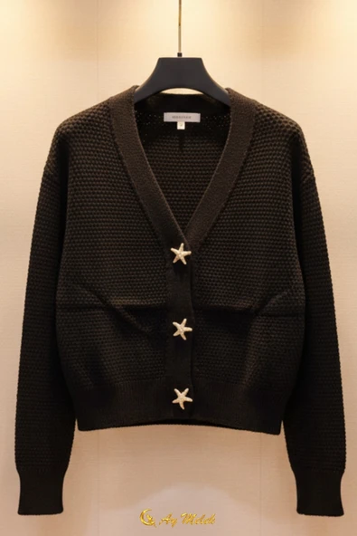 Kadın Triko Hırka Yumuşak V Yaka Yıldız Düğmeli Kısa Hırka - Resim 6