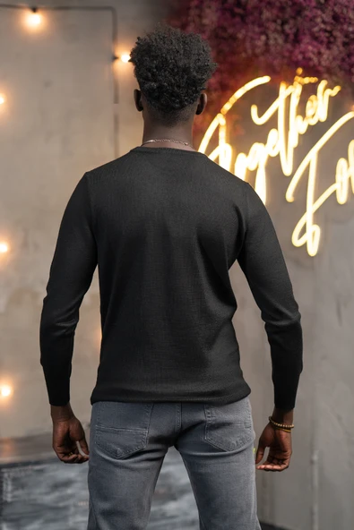 Regular Fit Yünlü Kendinden Desenli Bisiklet Yaka Triko Kazak - Resim 3