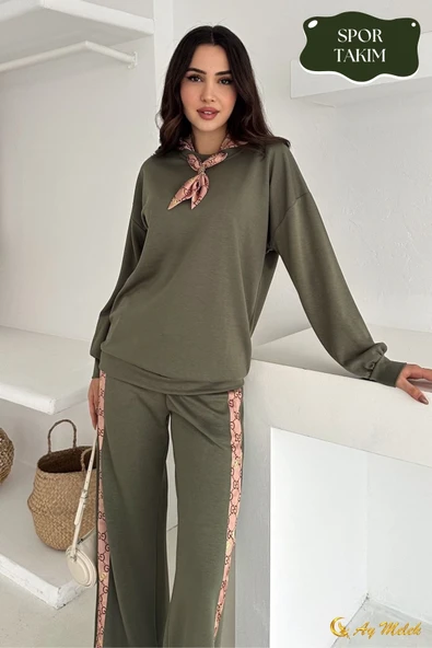 Kadın Modal Takım (HEDİYE Fular Aksesuarlı) Geniş Paça Spor Alt Üst Takım - Resim 12