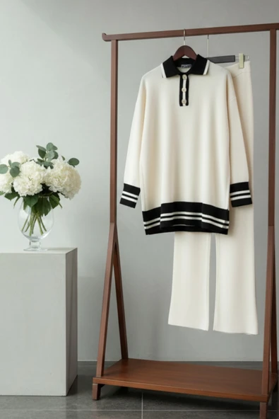 Kadın Triko Takım Şeritli Polo Yaka Düğmeli Kazak ve Pantolon Alt Üst Takım - Resim 9