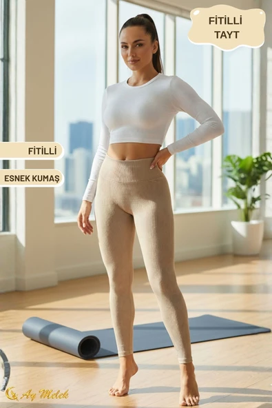 Kadın Tayt Yüksek Bel Toparlayıcı İç Göstermeyen Mevsimlik Fitilli Tayt - Resim 4