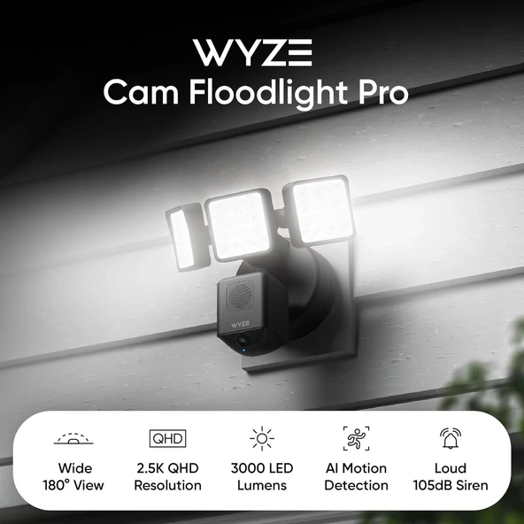 Wyze Floodlight Camera Pro, 2K HD Dış Mekan Güvenlik Kamerası - Siyah - Resim 2