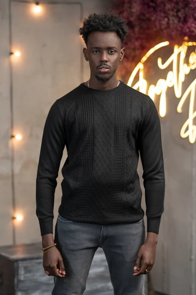 Regular Fit Yünlü Kendinden Desenli Bisiklet Yaka Triko Kazak - Resim 2