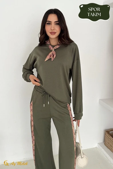 Kadın Modal Takım (HEDİYE Fular Aksesuarlı) Geniş Paça Spor Alt Üst Takım - Resim 11