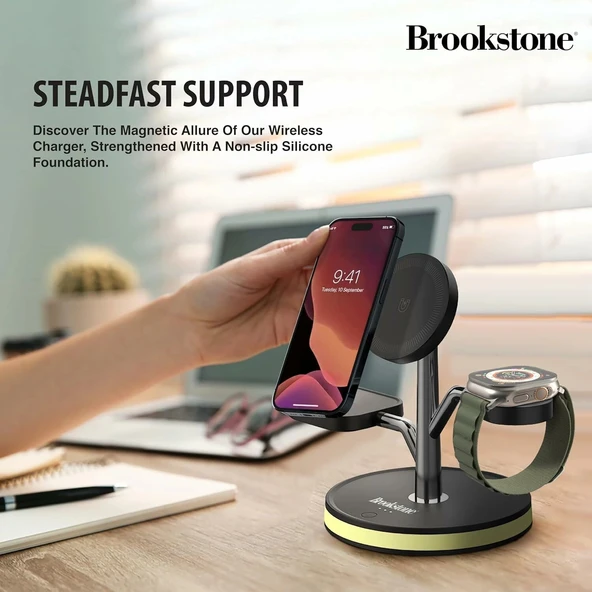 Brookstone 3'ü 1 Arada Kablosuz Hızlı Şarj İstasyonu - Manyetik Şarj Standı - Resim 4