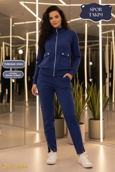 Kadın Spor Eşofman Takım Yumuşak Dokulu Modal Kumaş Cep Detaylı Takım - Resim 4