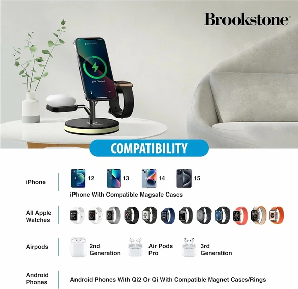 Brookstone 3'ü 1 Arada Kablosuz Hızlı Şarj İstasyonu - Manyetik Şarj Standı - Resim 3