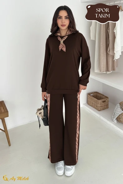 Kadın Modal Takım (HEDİYE Fular Aksesuarlı) Geniş Paça Spor Alt Üst Takım - Resim 2