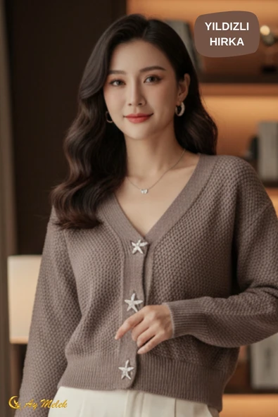 Kadın Triko Hırka Yumuşak V Yaka Yıldız Düğmeli Kısa Hırka - Resim 10