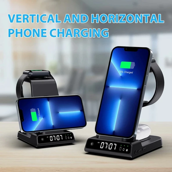 Phelinta Dijital Saatli, 4'ü 1 Arada Kablosuz Şarj İstasyonu Apple İçin - Siyah - Resim 2