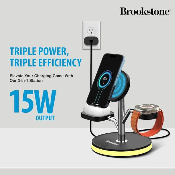 Brookstone 3'ü 1 Arada Kablosuz Hızlı Şarj İstasyonu - Manyetik Şarj Standı - Resim 2