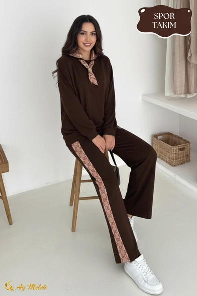 Kadın Modal Takım (HEDİYE Fular Aksesuarlı) Geniş Paça Spor Alt Üst Takım - Resim 8
