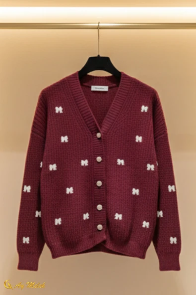 Kadın Triko Hırka Düğmeli V Yaka Kısa Fiyonk Detaylı Dokulu Hırka - Resim 9