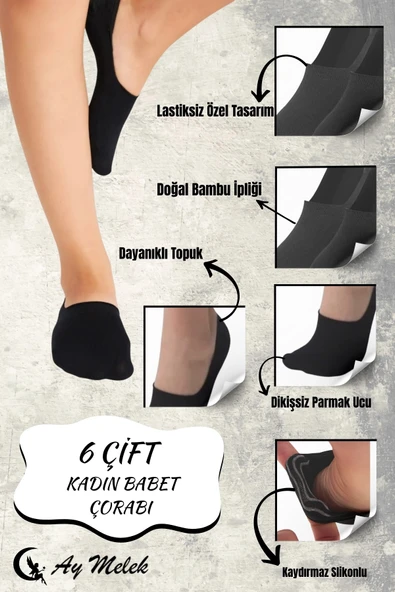 Kadın Çorap (6 Çift) Silikon Topuk Kaymayan Burun Dikişsiz Kaliteli Babet Çorap - Resim 3