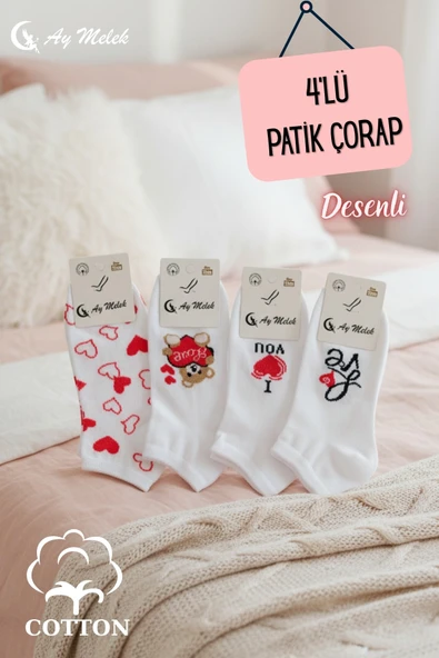 Kadın Kısa Çorap 4 Çift Pamuklu Desenli Görünmez Sneakers Çorap - Resim 3