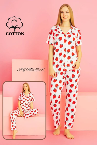 Kadın Pijama Takımı %100 Pamuklu Gömlek ve Pijama Seti - Resim 8