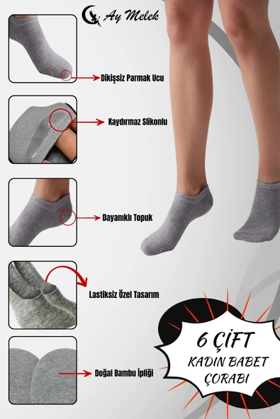 Kadın Çorap (6 Çift) Silikon Topuk Kaymayan Burun Dikişsiz Kaliteli Babet Çorap - Resim 7