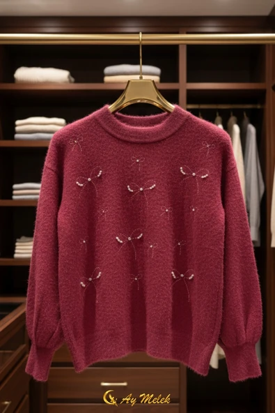 Kadın Triko Kazak Taşlı Fiyonk Detaylı Bisiklet Yaka Yumuşak Dokulu Kazak - Resim 9