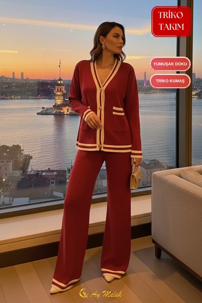 Kadın Triko Takım Şerit Detaylı Düğmeli Hırka ve Pantolon Alt Üst Takım - Resim 2