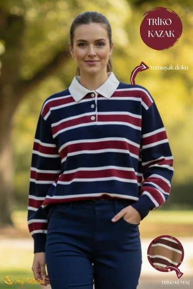Kadın Triko Kazak Polo Yaka Çizgili Kısa Mevsimlik Kazak - Resim 7