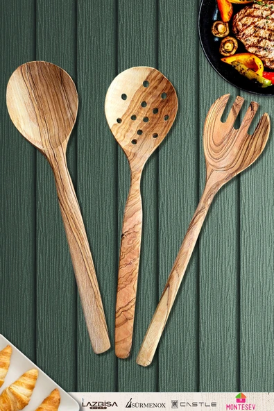 Zeytin Ağacı Ahşap Tahta Kaşık Çatal Kevgir Seti ( Zeytin Ağacı ) Ağaç Kaşık 3 Lü Set ürün görseli 1