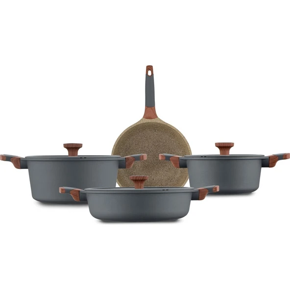 Jumbo Stone 4'lü Granit Tencere Seti – Greblon 3 Kat Kaplama, Ergonomik Ahşap Saplı, Kolay Temizlenen Farklı Ebatlar - Resim 3