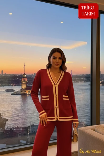 Kadın Triko Takım Şerit Detaylı Düğmeli Hırka ve Pantolon Alt Üst Takım ürün görseli