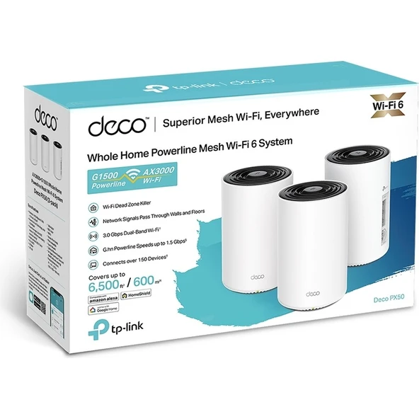 TP-Link Deco PX50 (3-Pack) | Wi-Fi 6 Powerline & Mesh Sistemi | AX3000 Mbps Hız | Fiber Uyumlu | Çift Bant | AI-Roaming | Gigabit Port | 150 Cihaz | 600 m²  | WPA3 | Mobil Uygulama ile Kolay Kurulum - Resim 3