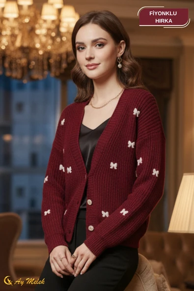 Kadın Triko Hırka Düğmeli V Yaka Kısa Fiyonk Detaylı Dokulu Hırka - Resim 5