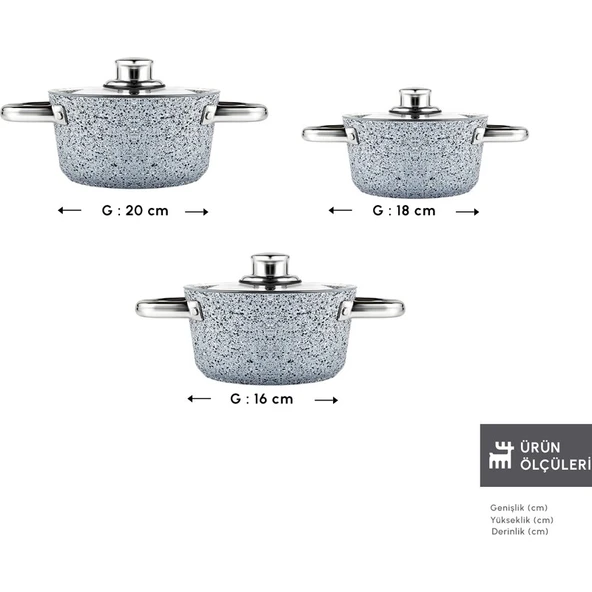 Karaca Nare 6 Parça Midi Derin Tencere Seti 16-18-20 cm Granit Kaplama - Resim 2