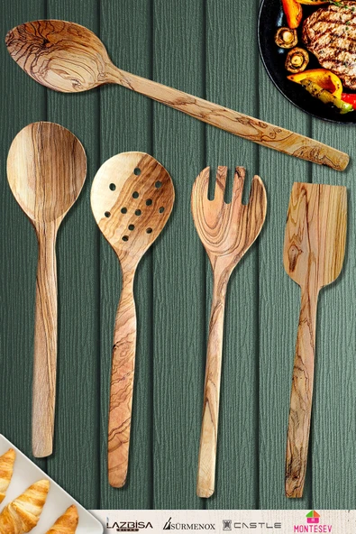 Zeytin Ağacı Ahşap Tahta Kaşık Çatal Kevgir Seti ( Zeytin Ağacı ) Ağaç Kaşık 5 Li Set ürün görseli 1