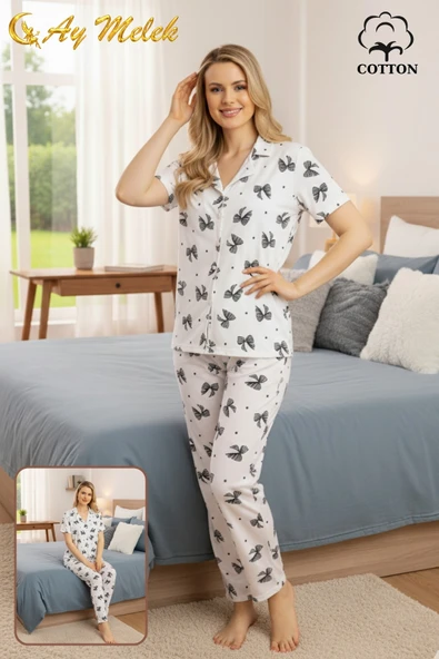 Kadın Pijama Takımı %100 Pamuklu Gömlek ve Pijama Seti - Resim 2