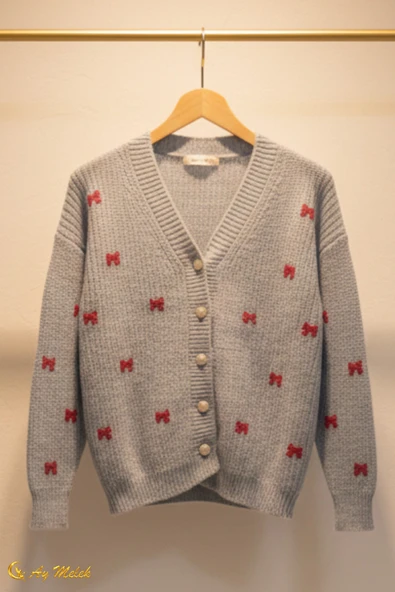 Kadın Triko Hırka Düğmeli V Yaka Kısa Fiyonk Detaylı Dokulu Hırka - Resim 12