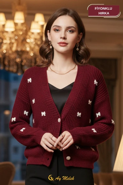 Kadın Triko Hırka Düğmeli V Yaka Kısa Fiyonk Detaylı Dokulu Hırka - Resim 7