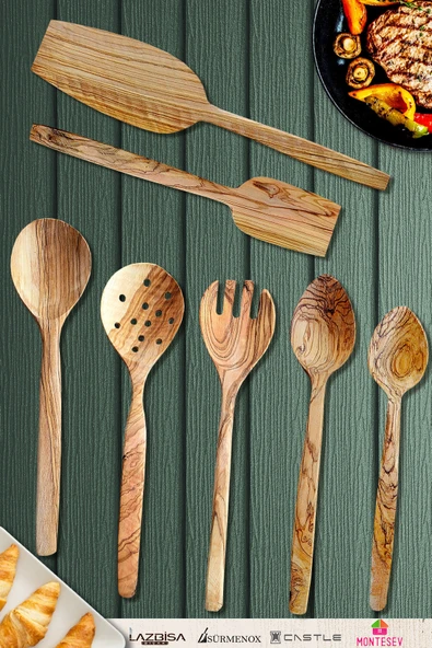 Zeytin Ağacı Ahşap Tahta Kaşık Çatal Kevgir Spatula Seti ( Zeytin Ağacı ) Ağaç Kaşık 7 Li Set ürün görseli 1