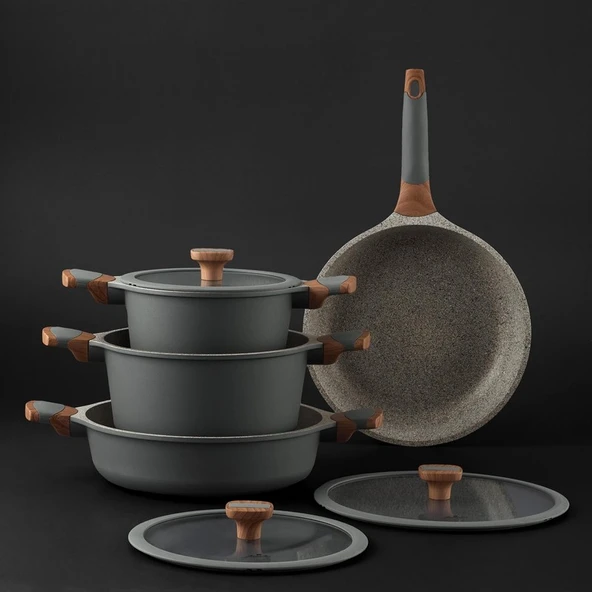 Jumbo Stone 4'lü Granit Tencere Seti – Greblon 3 Kat Kaplama, Ergonomik Ahşap Saplı, Kolay Temizlenen Farklı Ebatlar ürün görseli