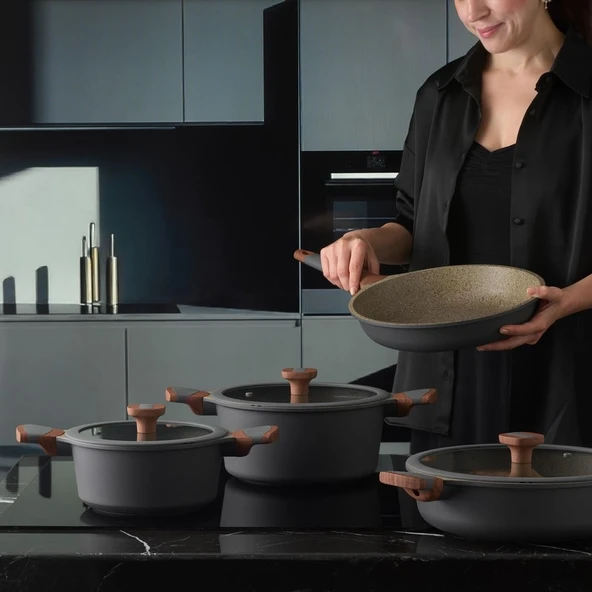 Jumbo Stone 4'lü Granit Tencere Seti – Greblon 3 Kat Kaplama, Ergonomik Ahşap Saplı, Kolay Temizlenen Farklı Ebatlar - Resim 2