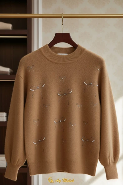 Kadın Triko Kazak Taşlı Fiyonk Detaylı Bisiklet Yaka Yumuşak Dokulu Kazak - Resim 3