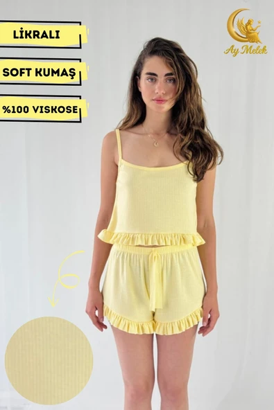 Kadın Crop Askılı Fırfır Detaylı %100 Pamuk Mini Şortlu Pijama Takımı Çeyizlik - Resim 8