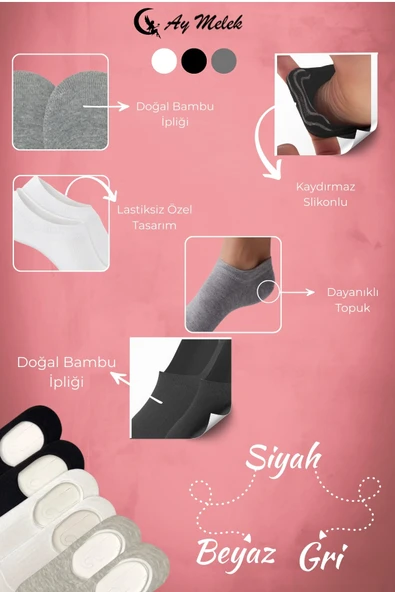 Kadın Çorap (6 Çift) Silikon Topuk Kaymayan Burun Dikişsiz Kaliteli Babet Çorap ürün görseli