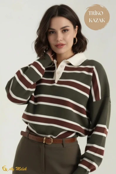 Kadın Triko Kazak Polo Yaka Çizgili Kısa Mevsimlik Kazak - Resim 2