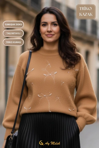 Kadın Triko Kazak Taşlı Fiyonk Detaylı Bisiklet Yaka Yumuşak Dokulu Kazak - Resim 4