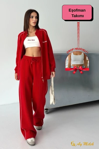 Kadın Eşofman Takımı 3 İplik Şardonlu Kışlık (Crop Hediyeli) Alt-Üst Takım - Resim 3